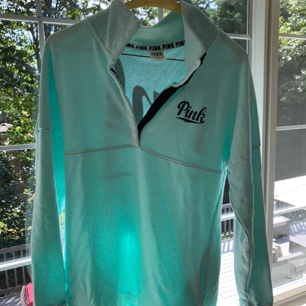 the brand Pink, teal quarter button sweatshirt